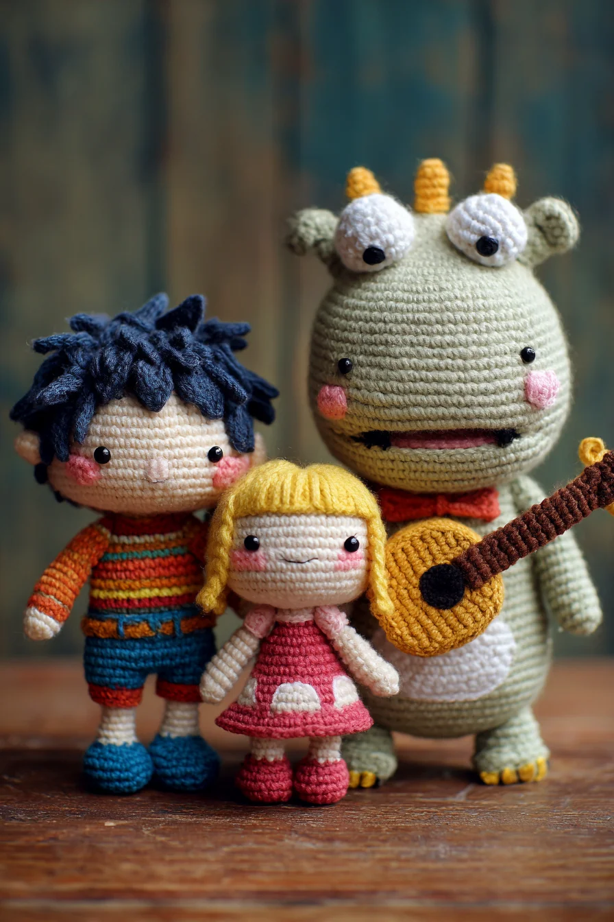 Amigurumi Crochet Trio Pattern — Little Boy, Girl & Guitar Monster
