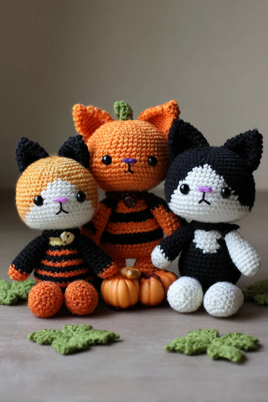 Amigurumi Halloween Cat Trio – Crochet Pattern for Pumpkin & Tuxedo Kitties