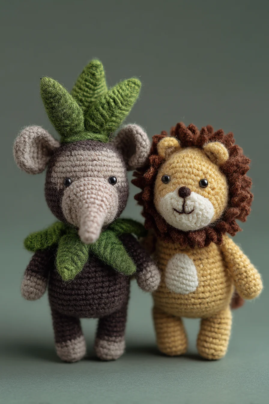 Amigurumi Jungle Friends Crochet Pattern: Lion & Elephant with Leaf Details