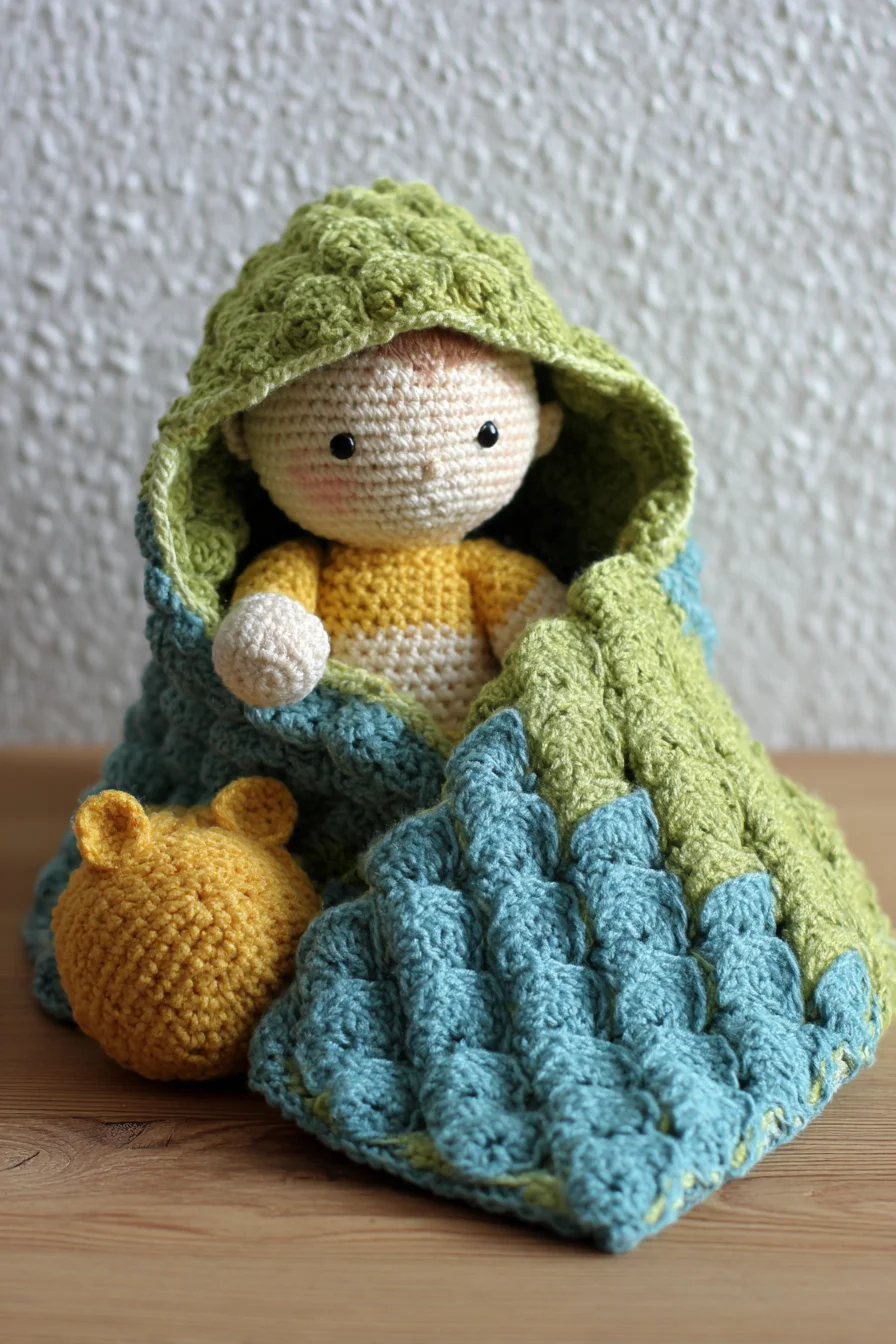 Hooded Amigurumi Doll with Crocodile-Stitch Blanket — Crochet Pattern